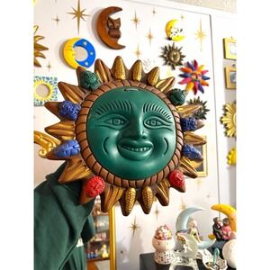 Mexican Folk Art Terracotta Celestial Sun Face Wall Hanging Hand Painted 10"